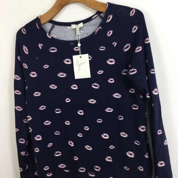 Joie Annora B Lipstick Lips Printed Pullover Sweatshirt Navy Blue Pink S NWT - Picture 2 of 8